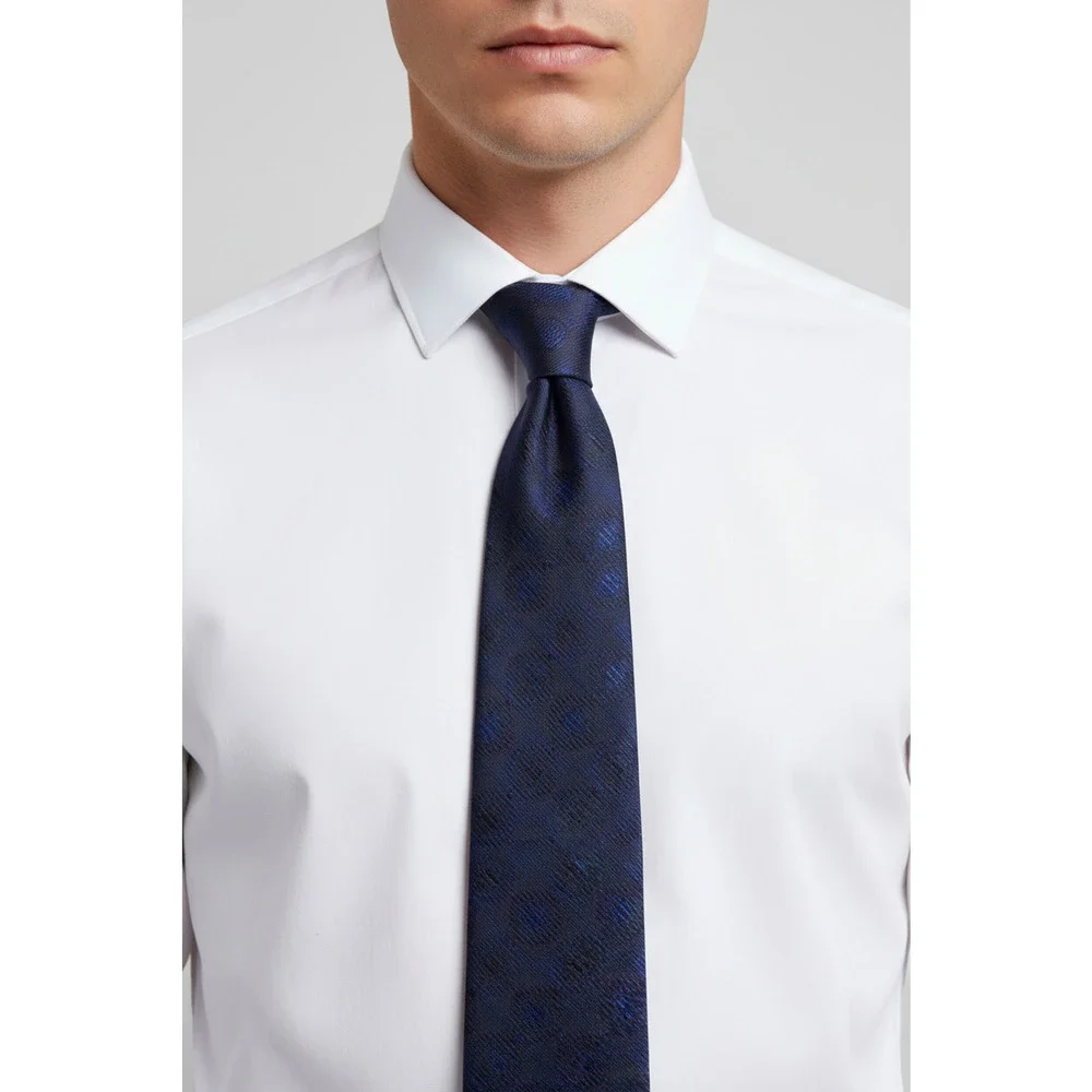 GUCCI Navy Blue Geometric Silk Jacquard Tie